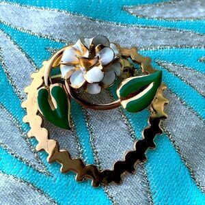 Delicate enamel rose on gold heart mid century pin